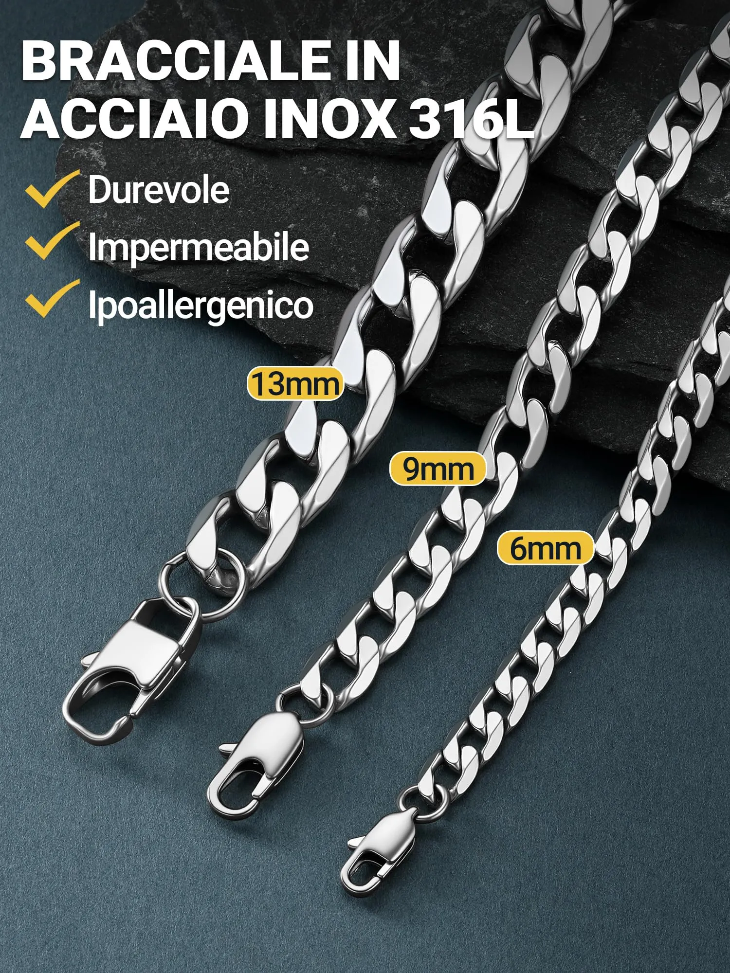 PROSTEEL Bracciale Uomo Catena Cubana Argento 6mm 19cm - immagine 4