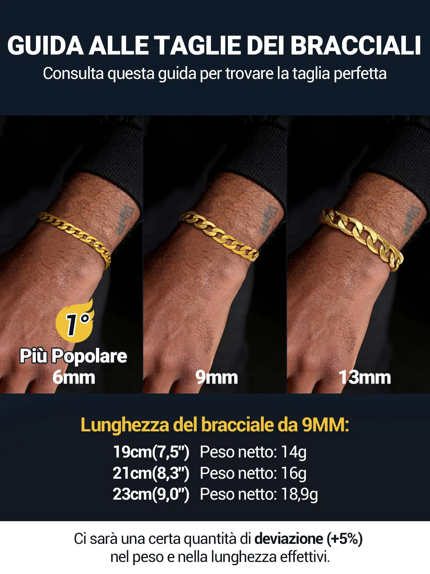 PROSTEEL Bracciale Uomo Catena Cubana 9mm Oro 21cm - immagine 3