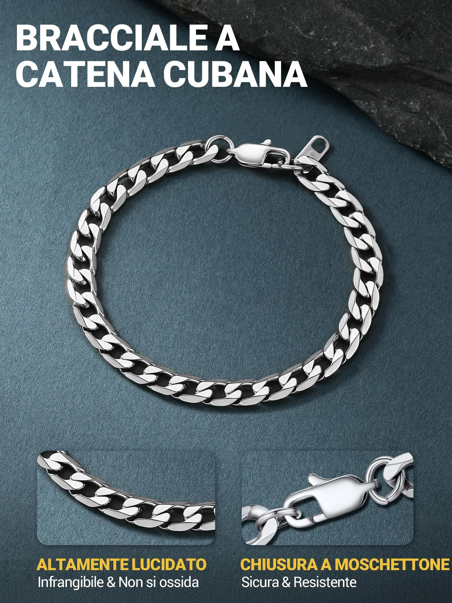 PROSTEEL Bracciale Uomo Catena Cubana Tridimensionale Argento 6mm 21cm - immagine 7
