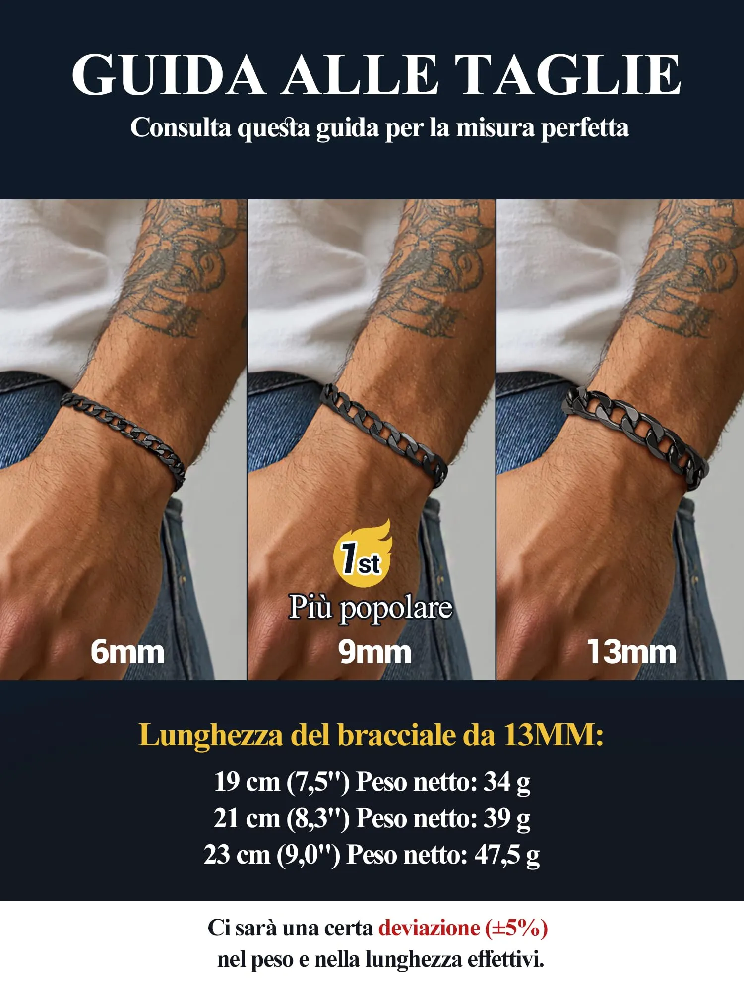 PROSTEEL Bracciale Uomo Catena Cubana Nero 13mm 19cm - immagine 8