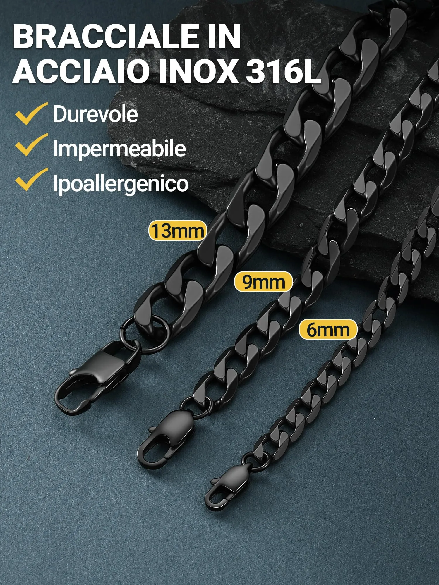 PROSTEEL Bracciale Uomo Catena Cubana 6mm Nero PSH3006H-21 - immagine 5