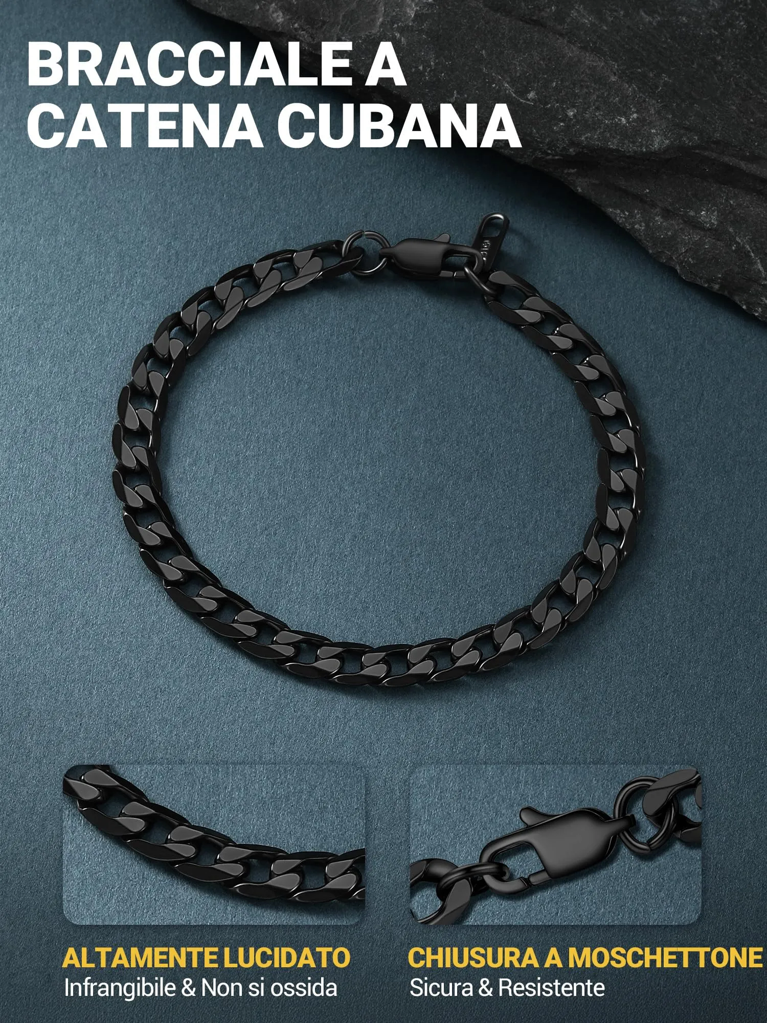PROSTEEL Bracciale Uomo Catena Cubana 6mm Nero PSH3006H-21 - immagine 8