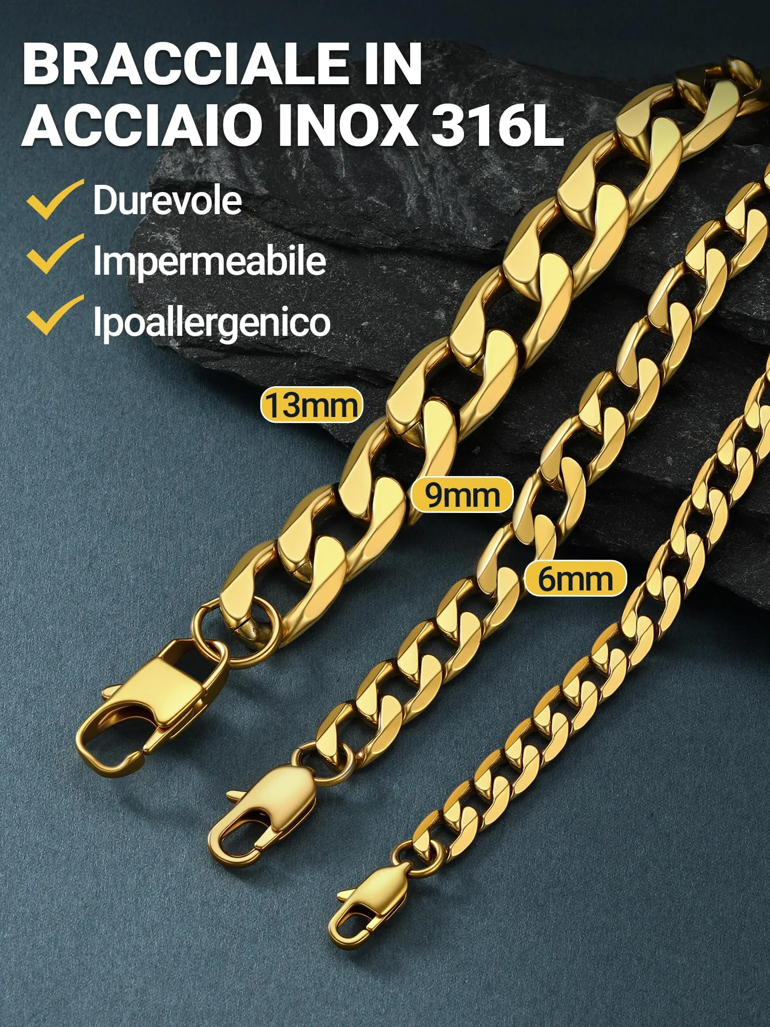 PROSTEEL Bracciale Uomo Catena Cubana 6mm Oro PSH3006J-21 - immagine 3