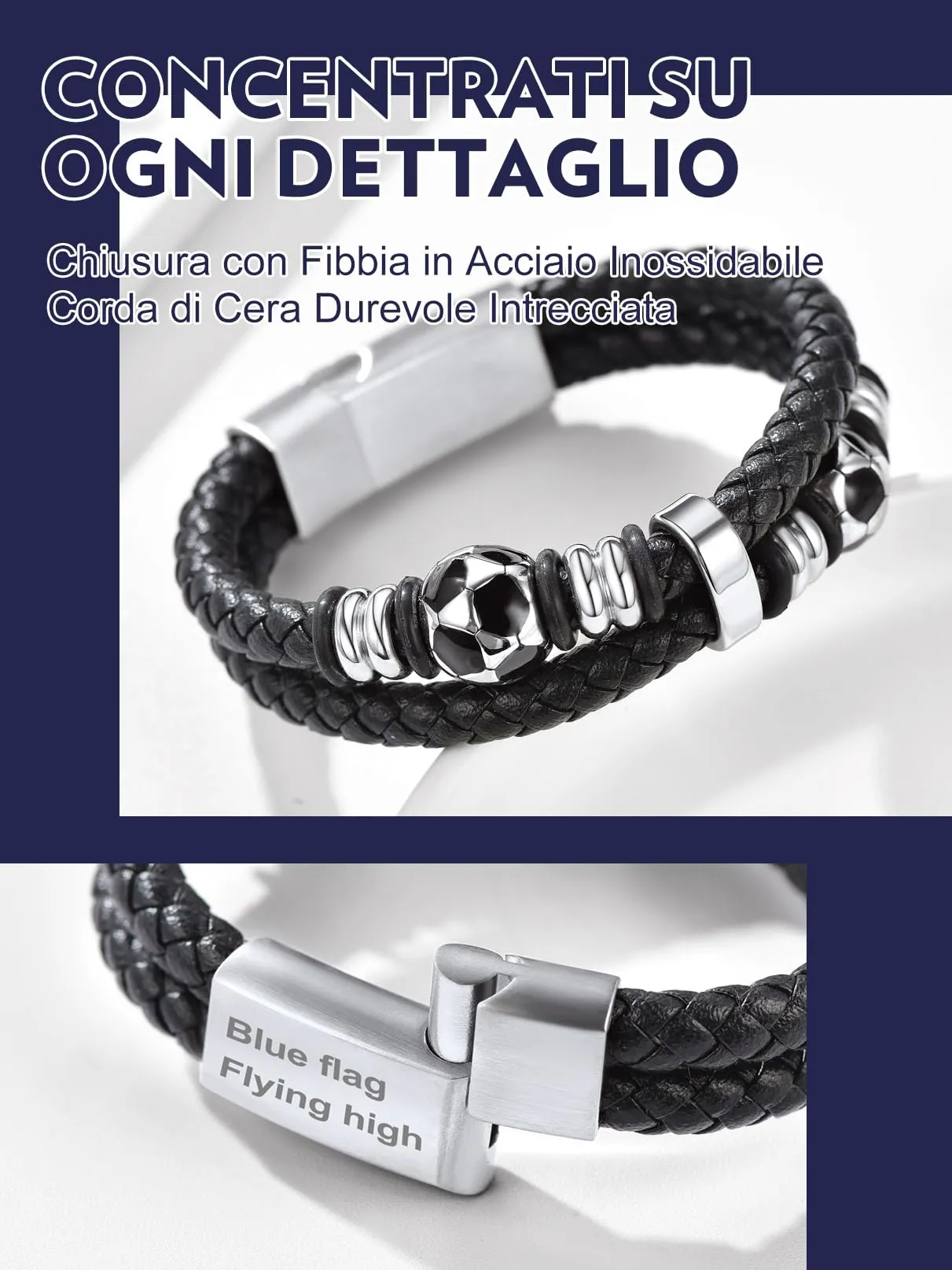 Bandmax Bracciale in Pelle Uomo con Calcio, 19 cm - immagine 4
