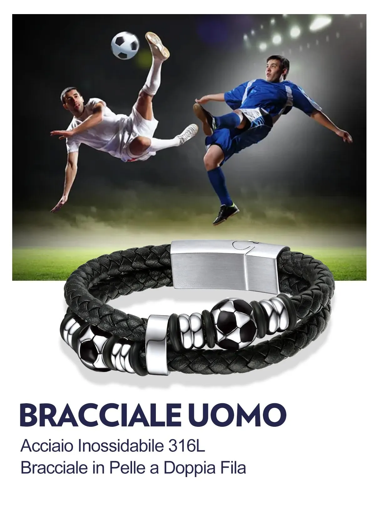 Bandmax Bracciale in Pelle Uomo con Calcio, 19 cm - immagine 7