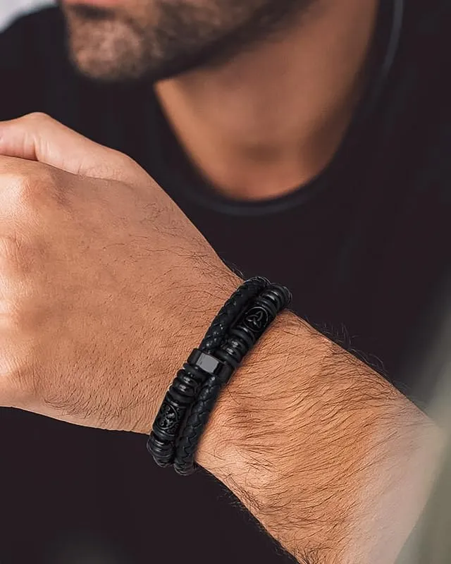 Bandmax Bracciale Uomo in Pelle con Bussola Vichingo e Triquetra Celtica, Nero, 19 cm - immagine 2