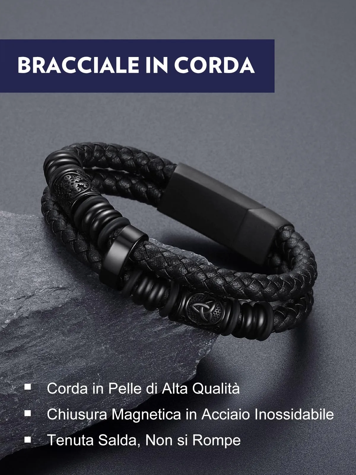 Bandmax Bracciale Uomo in Pelle con Bussola Vichingo e Triquetra Celtica, Nero, 19 cm - immagine 3