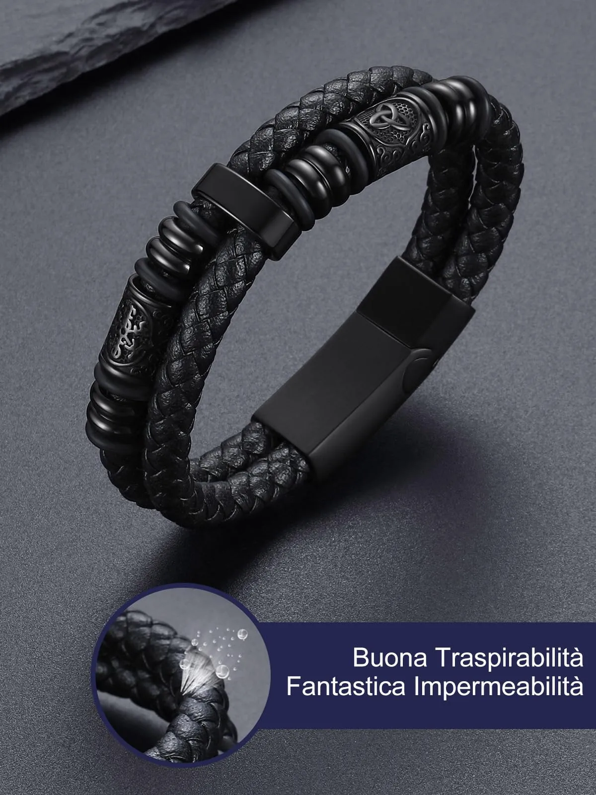 Bandmax Bracciale Uomo in Pelle con Bussola Vichingo e Triquetra Celtica, Nero, 19 cm - immagine 4