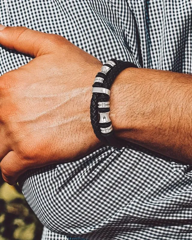 Bandmax Bracciale in Pelle e Acciaio per Uomo, 19 cm, Argento - immagine 2