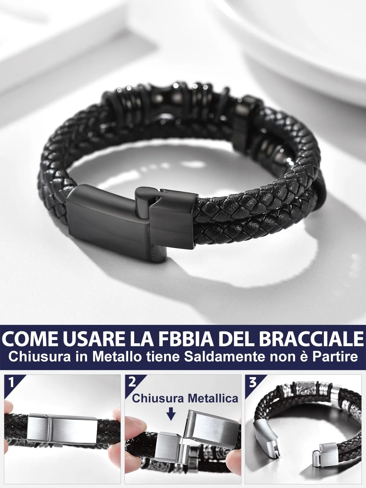 Bandmax Bracciale in Pelle e Acciaio per Uomo, 19 cm, Argento - immagine 6