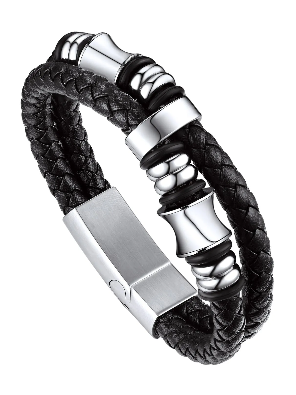 Bandmax Bracciale in Pelle e Acciaio per Uomo, 21 cm, Argento - immagine 1