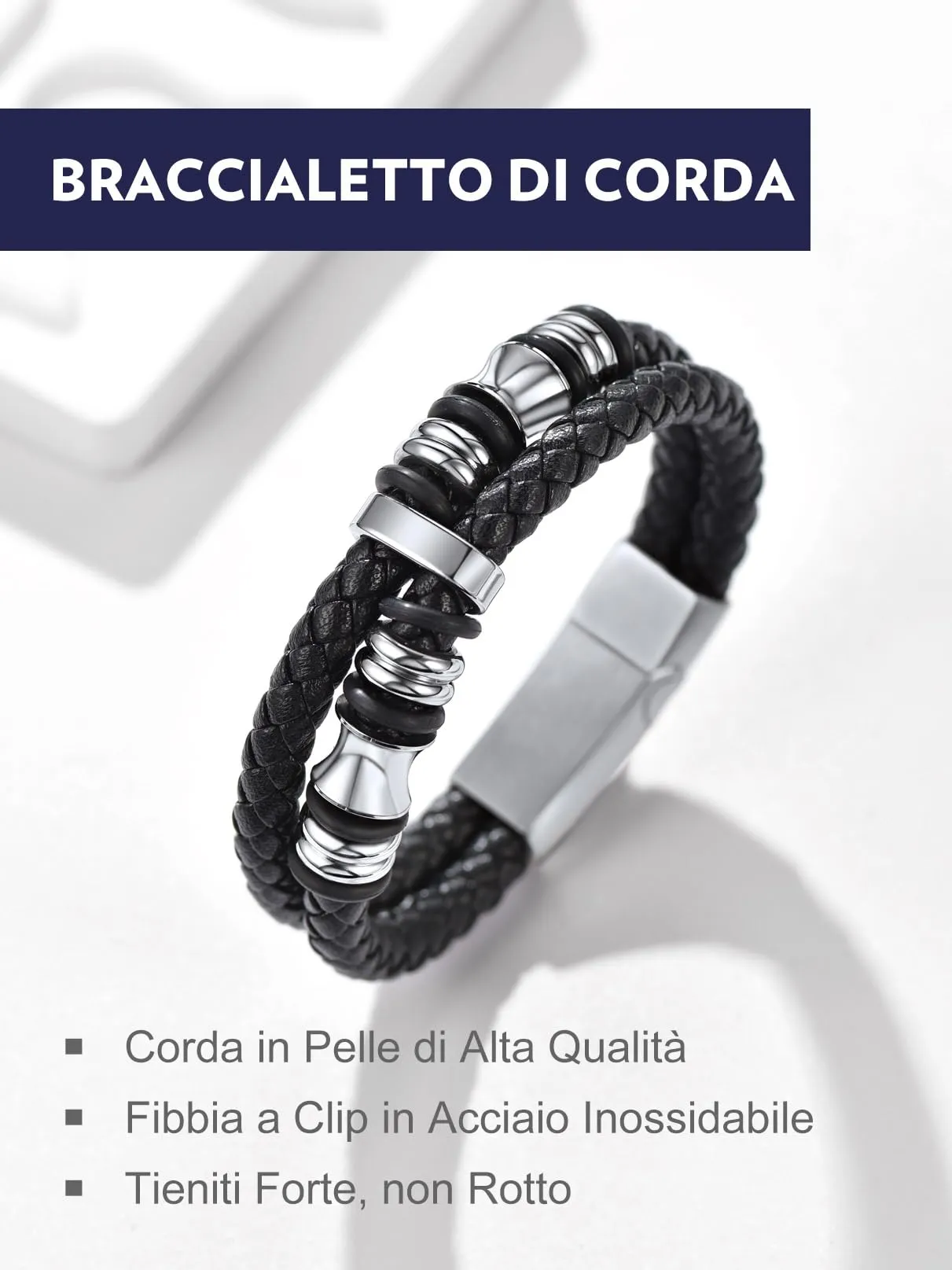 Bandmax Bracciale in Pelle e Acciaio per Uomo, 21 cm, Argento - immagine 3