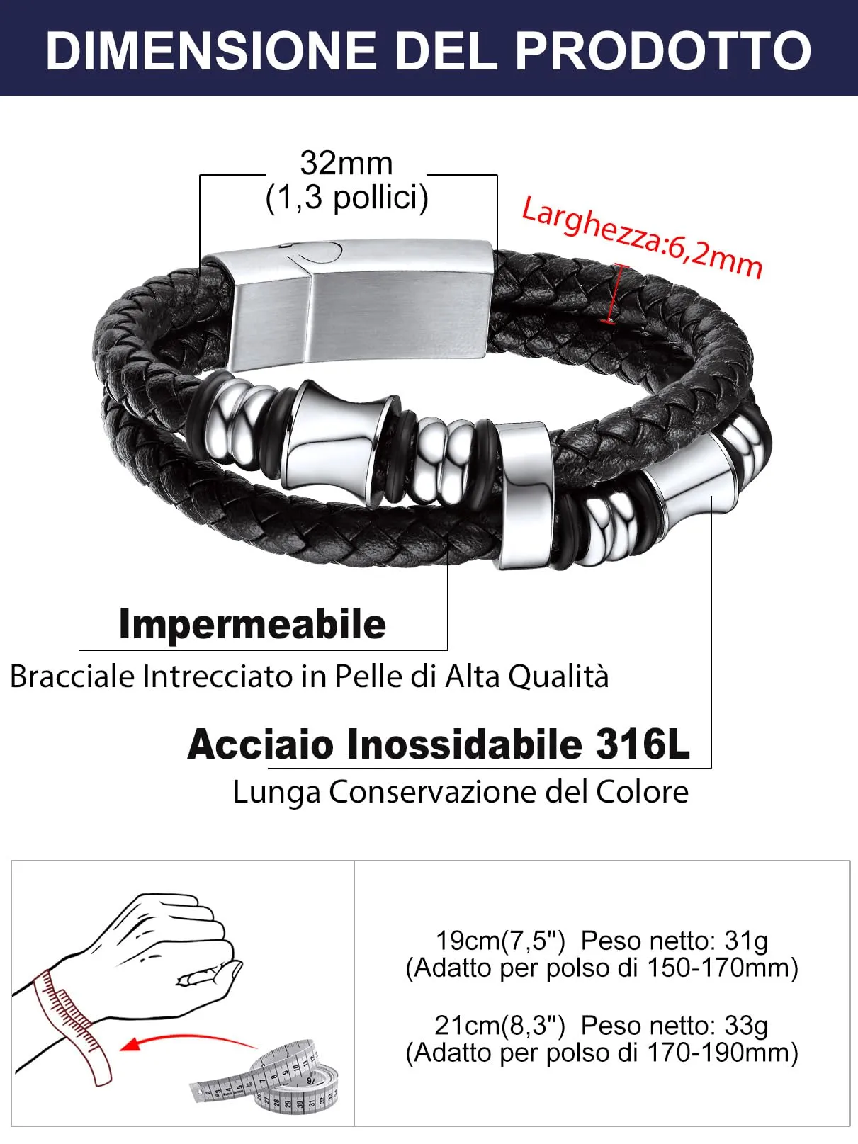 Bandmax Bracciale in Pelle e Acciaio per Uomo, 21 cm, Argento - immagine 5