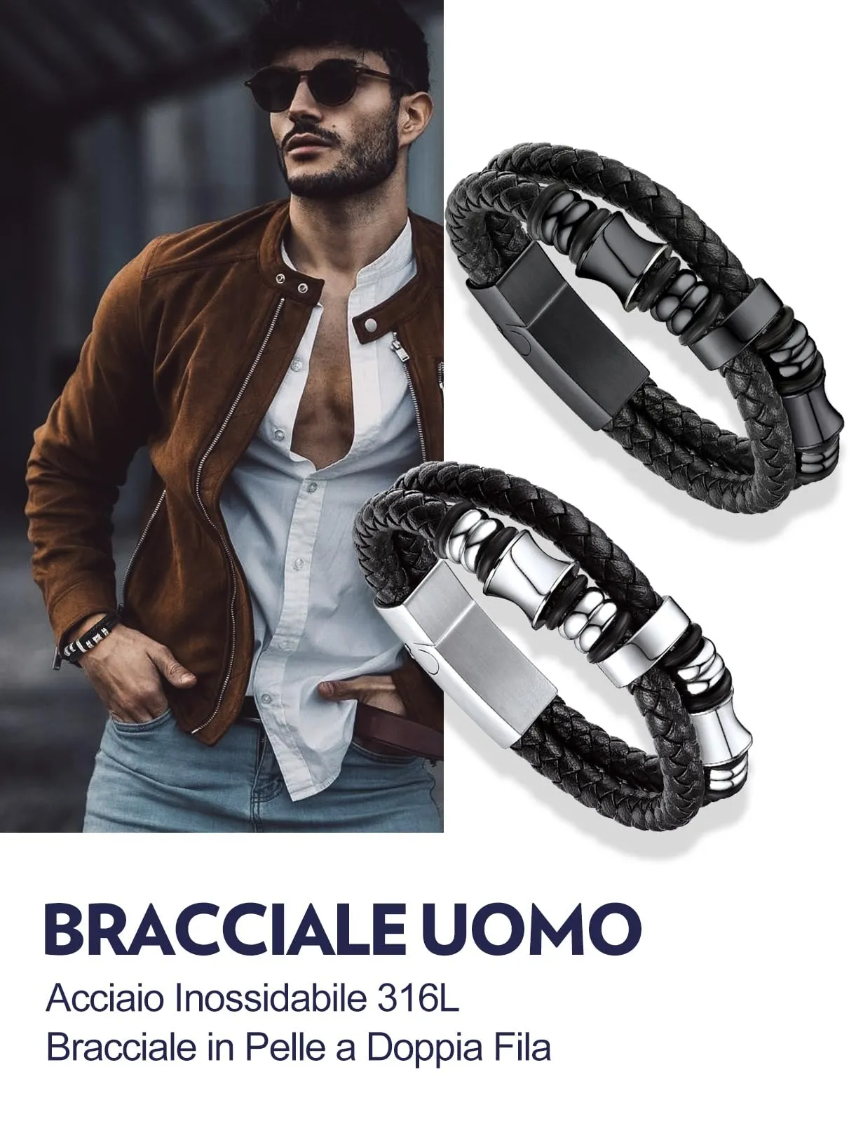 Bandmax Bracciale in Pelle e Acciaio per Uomo, 21 cm, Argento - immagine 7