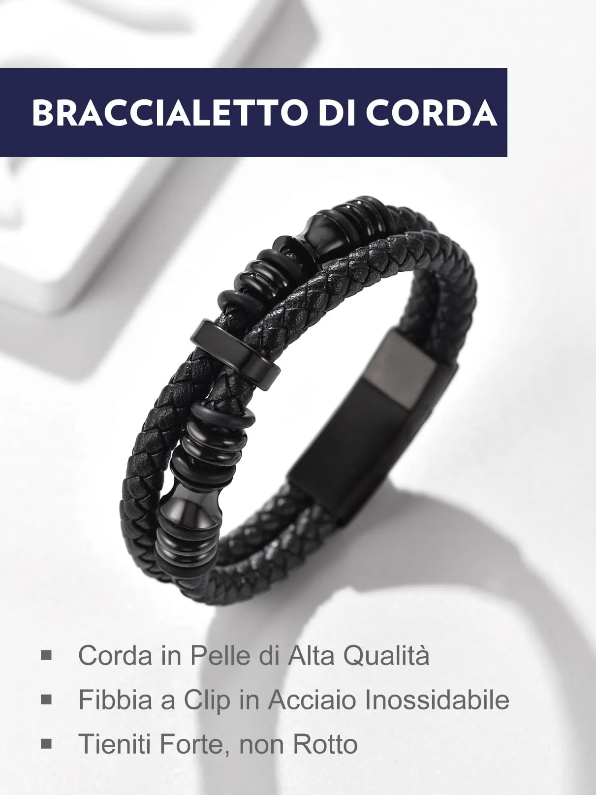 Bandmax Bracciale in Pelle e Acciaio per Uomo, 21 cm, Nero - immagine 3