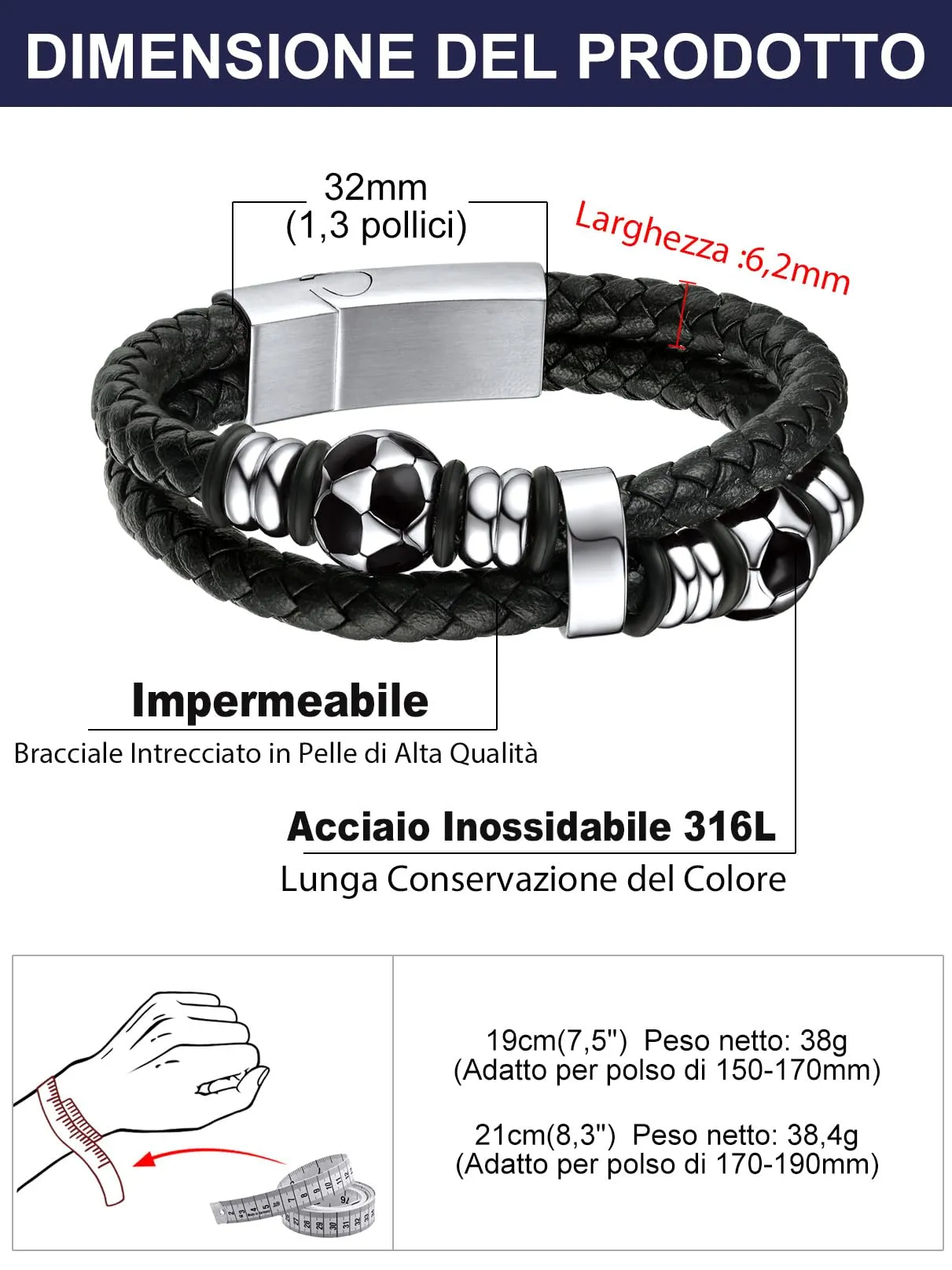 Bandmax Bracciale in Pelle per Uomo con Elementi Calcio, 21 cm - immagine 5