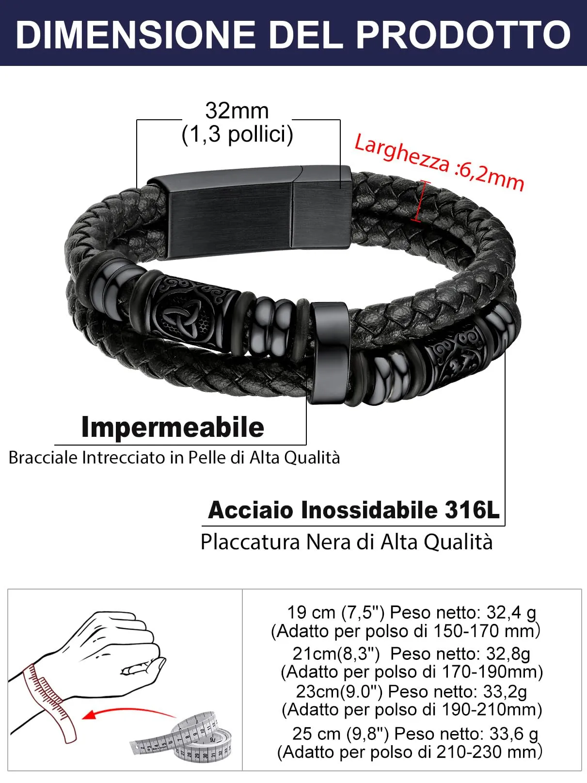 Bandmax Bracciale Uomo in Pelle con Bussola Vichingo e Triquetra Celtica, Nero, 21 cm - immagine 6