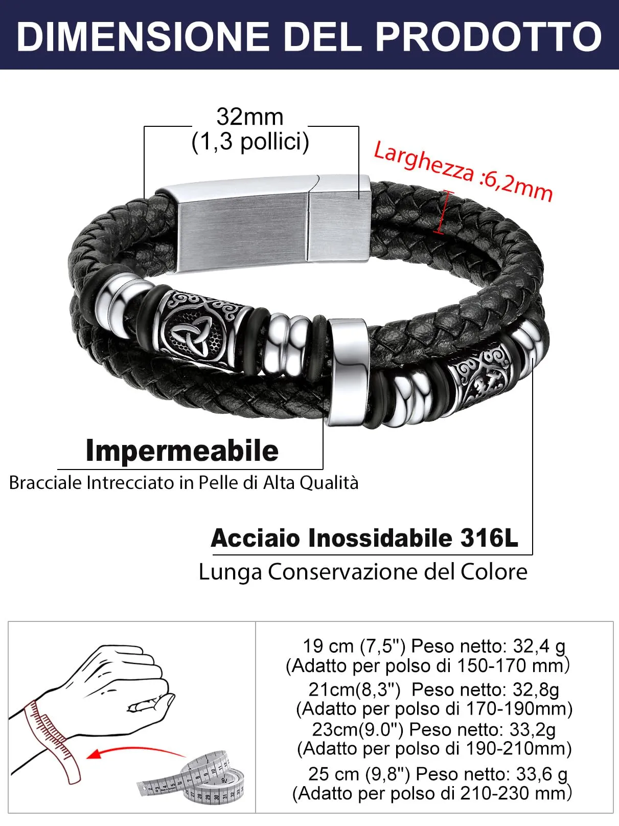 Bandmax Bracciale Uomo in Pelle con Bussola Vichinga e Triquetra Celtica, Argento, 21 cm - immagine 6