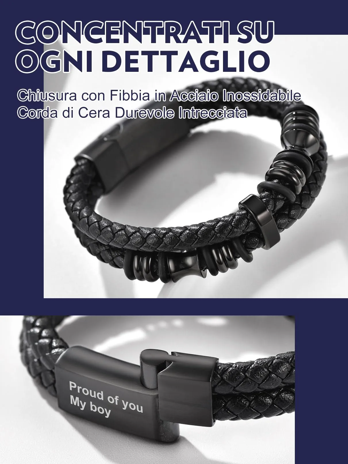 Bandmax Bracciale in Pelle e Acciaio per Uomo, 19 cm, Nero - immagine 4