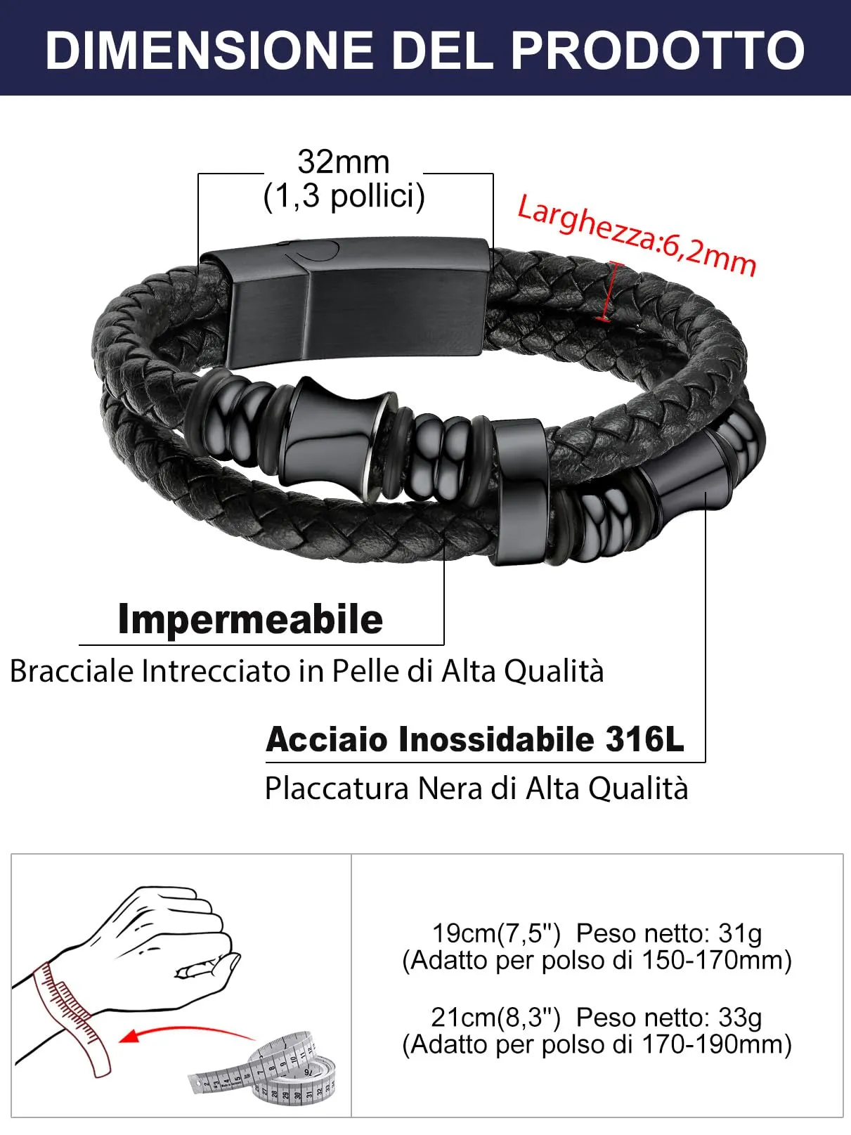 Bandmax Bracciale in Pelle e Acciaio per Uomo, 19 cm, Nero - immagine 5