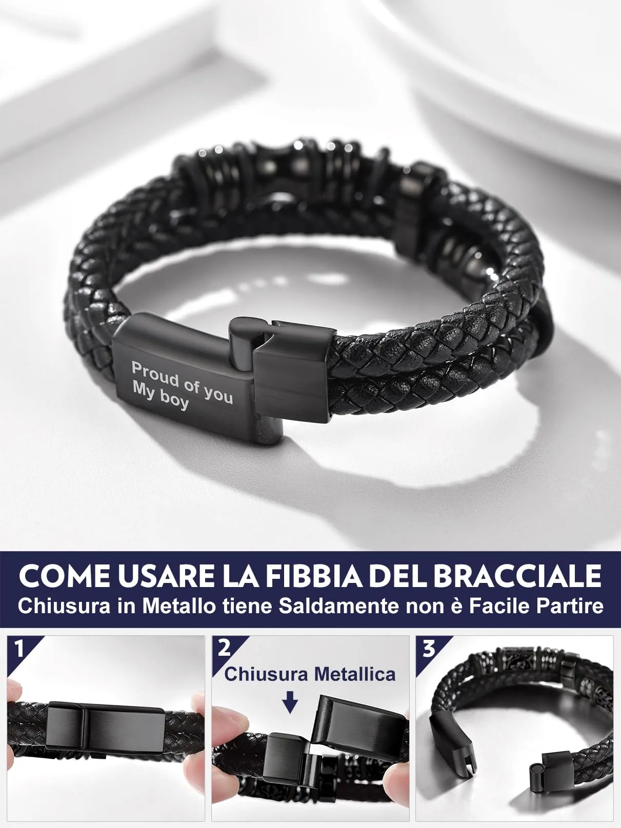 Bandmax Bracciale in Pelle e Acciaio per Uomo, 19 cm, Nero - immagine 6