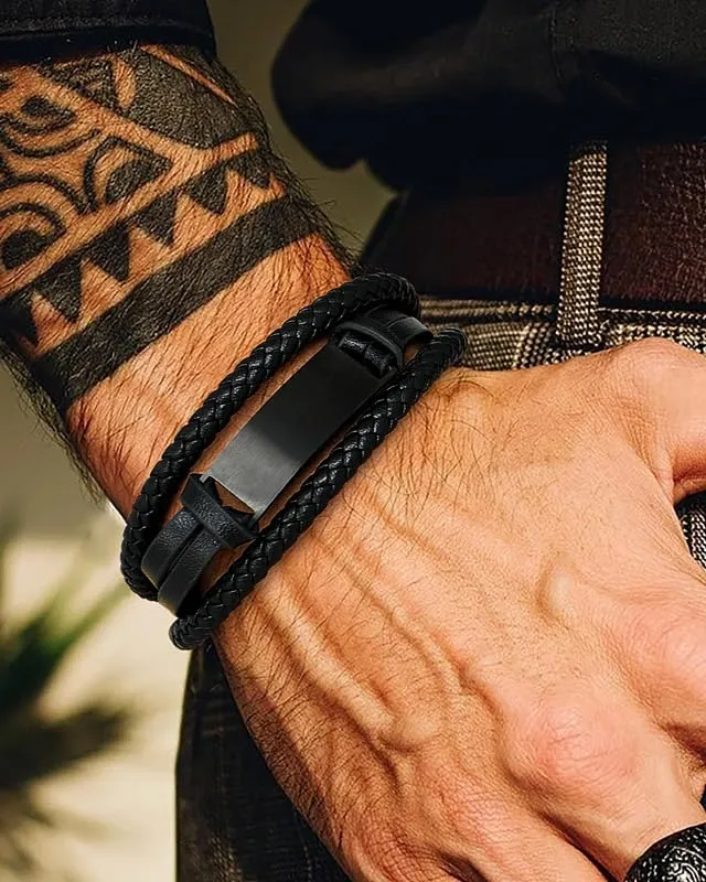Bandmax Bracciale Personalizzato in Pelle Uomo, Nero, 19 cm - immagine 2
