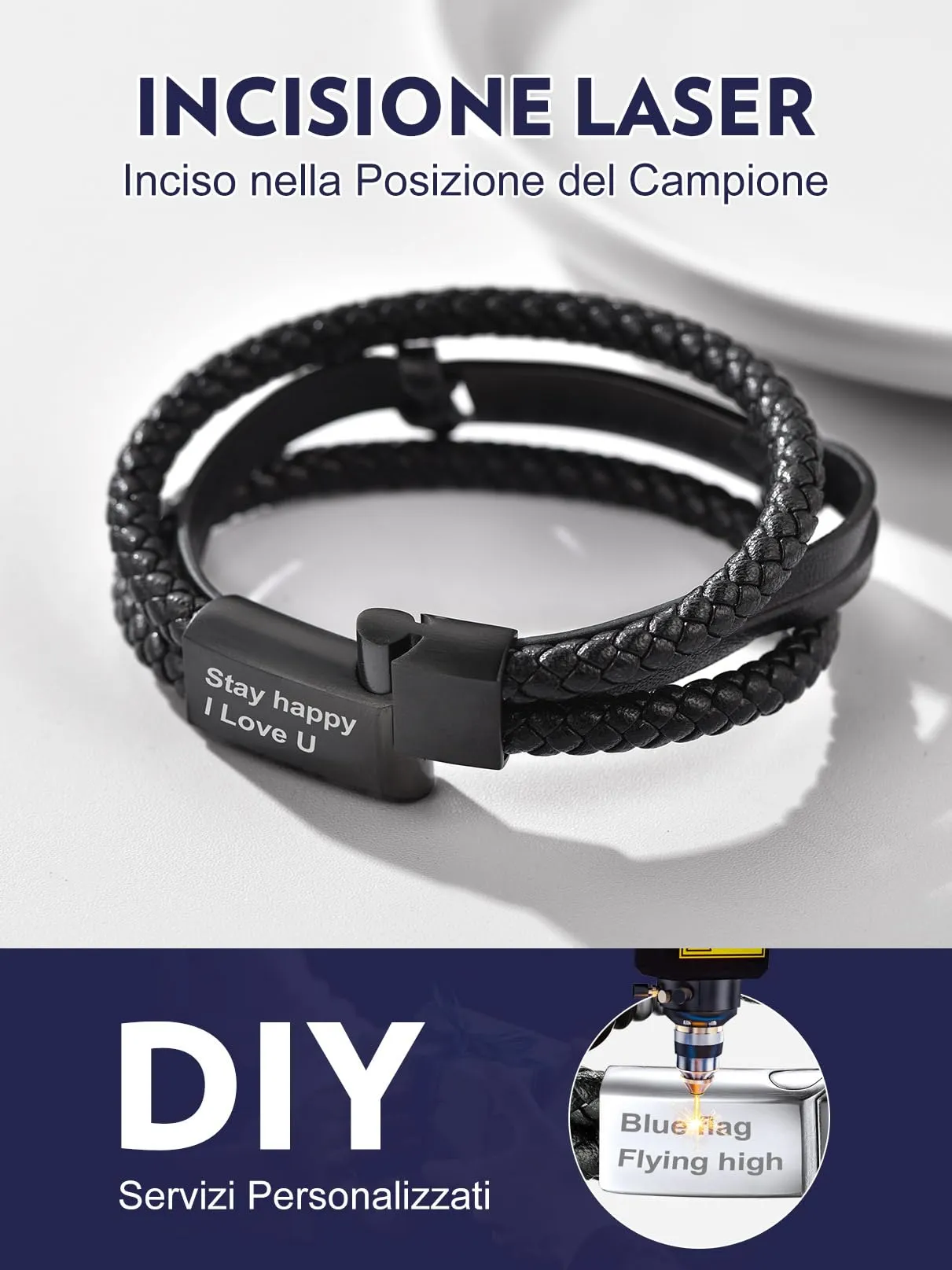 Bandmax Bracciale Personalizzato in Pelle Uomo, Nero, 19 cm - immagine 3