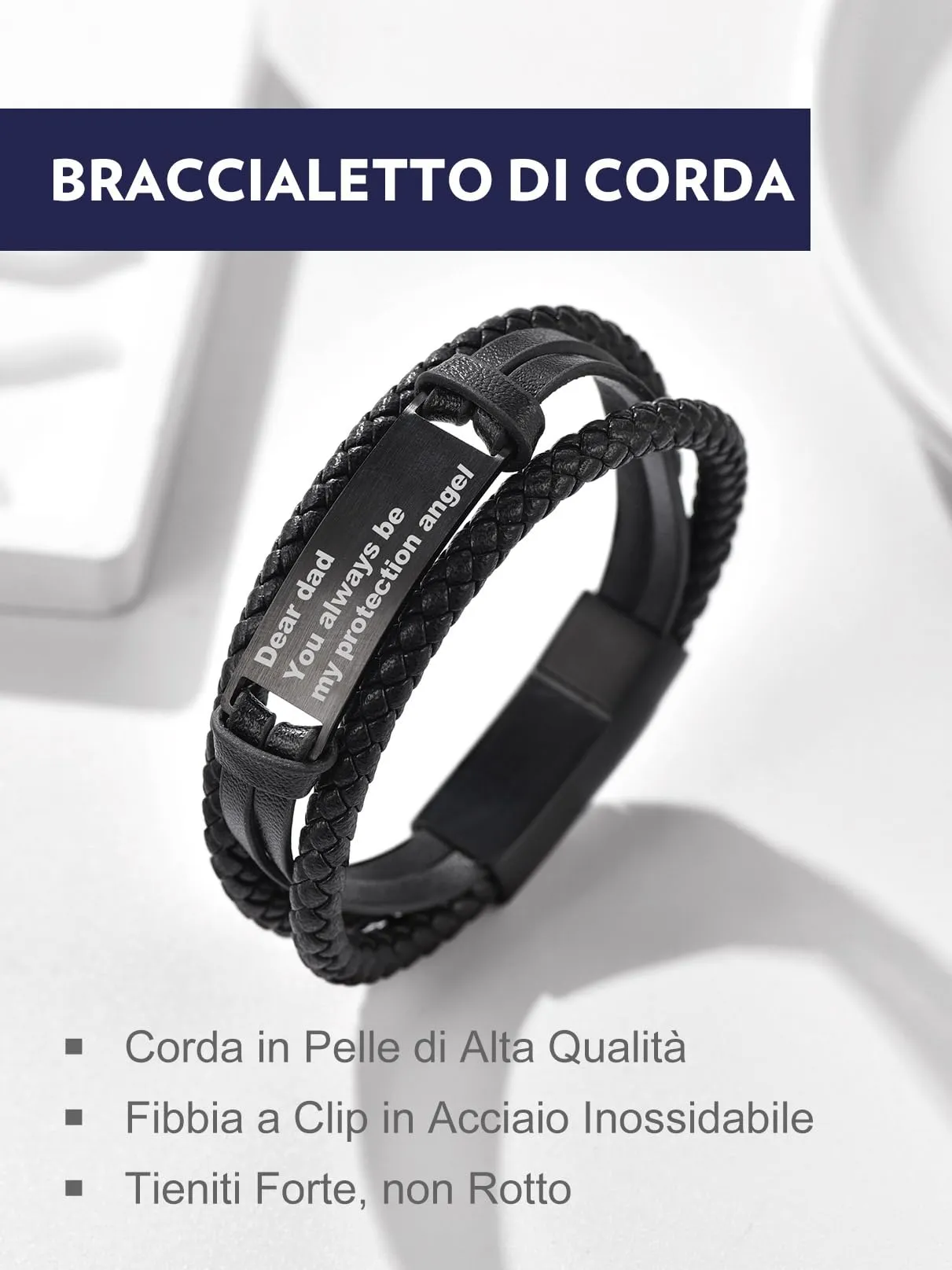 Bandmax Bracciale Personalizzato in Pelle Uomo, Nero, 19 cm - immagine 4