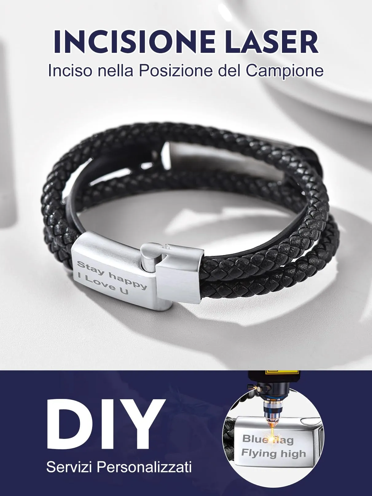 Bandmax Bracciale in Pelle Personalizzato Uomo, Argento, 19 cm - immagine 3
