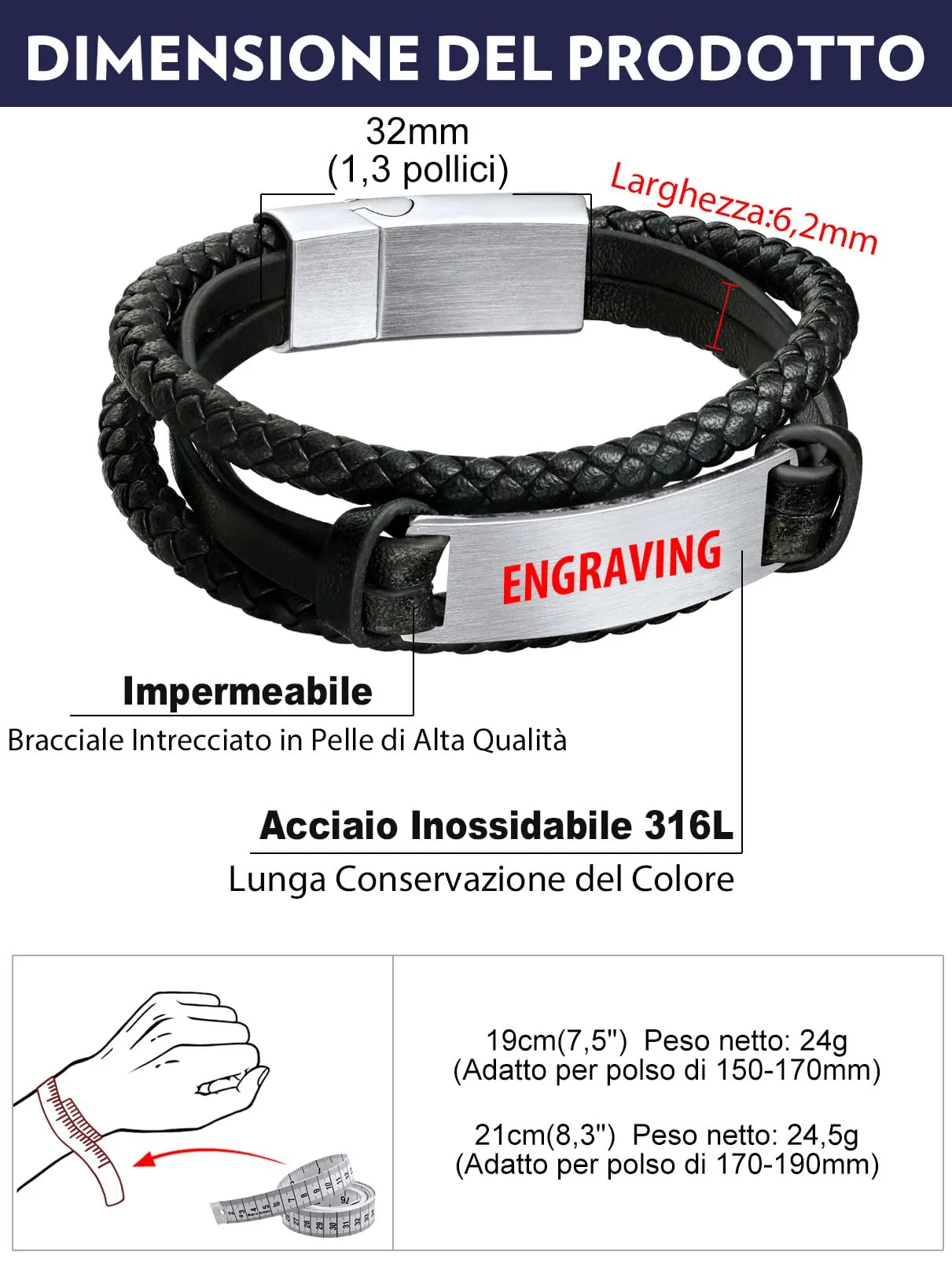 Bandmax Bracciale in Pelle Personalizzato Uomo, Argento, 19 cm - immagine 6