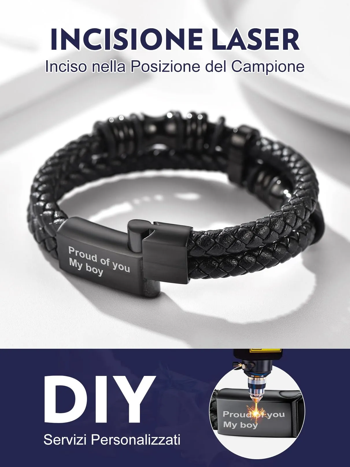Bandmax Bracciale in Pelle e Acciaio per Uomo, 19 cm, Nero - immagine 3