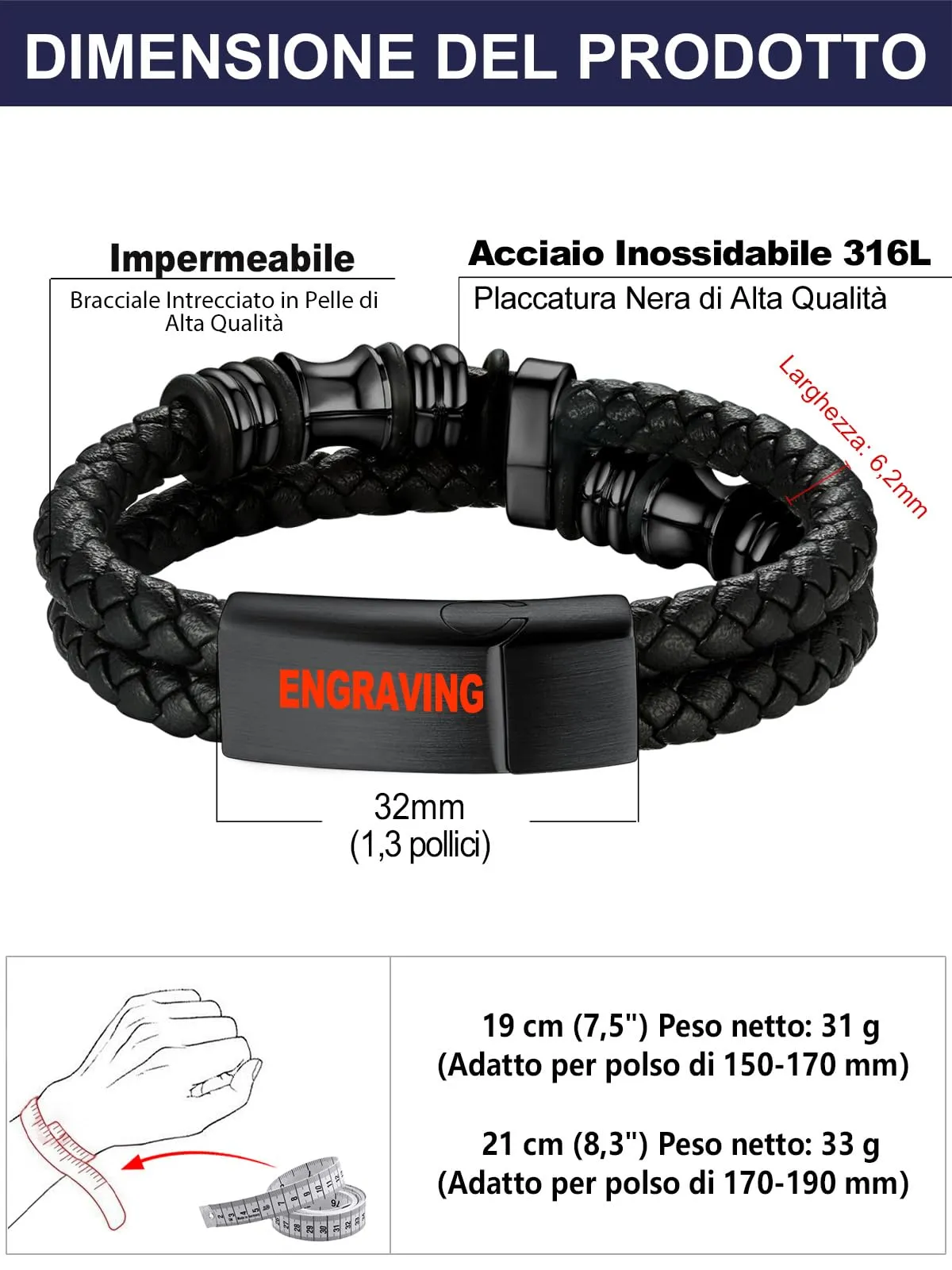 Bandmax Bracciale in Pelle e Acciaio per Uomo, 19 cm, Nero - immagine 6