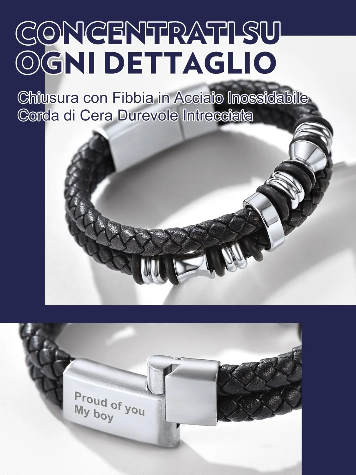 Bandmax Bracciale in Pelle e Acciaio per Uomo, 19 cm, Argento - immagine 5