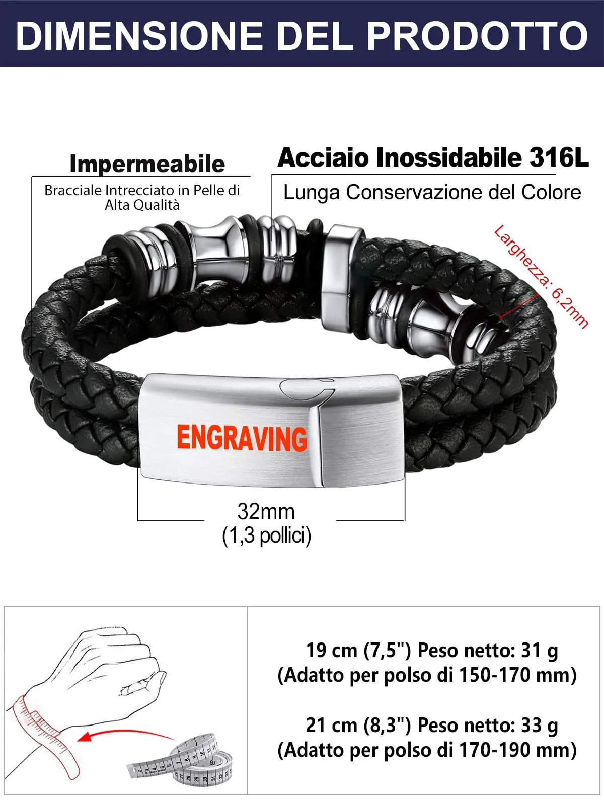 Bandmax Bracciale in Pelle e Acciaio per Uomo, 19 cm, Argento - immagine 6