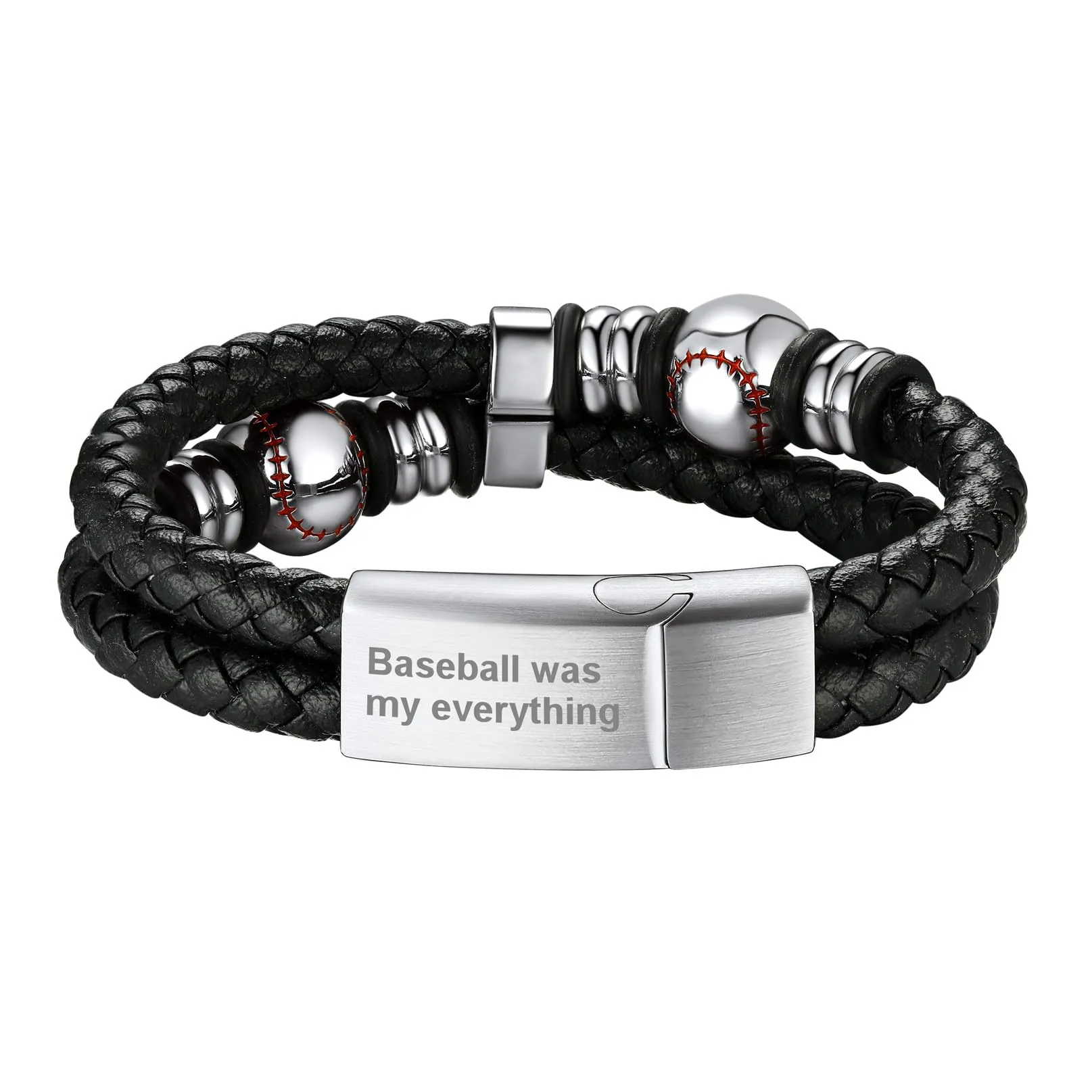 Bandmax Bracciale Personalizzato in Pelle con Baseball Argento, 19 cm - immagine 1