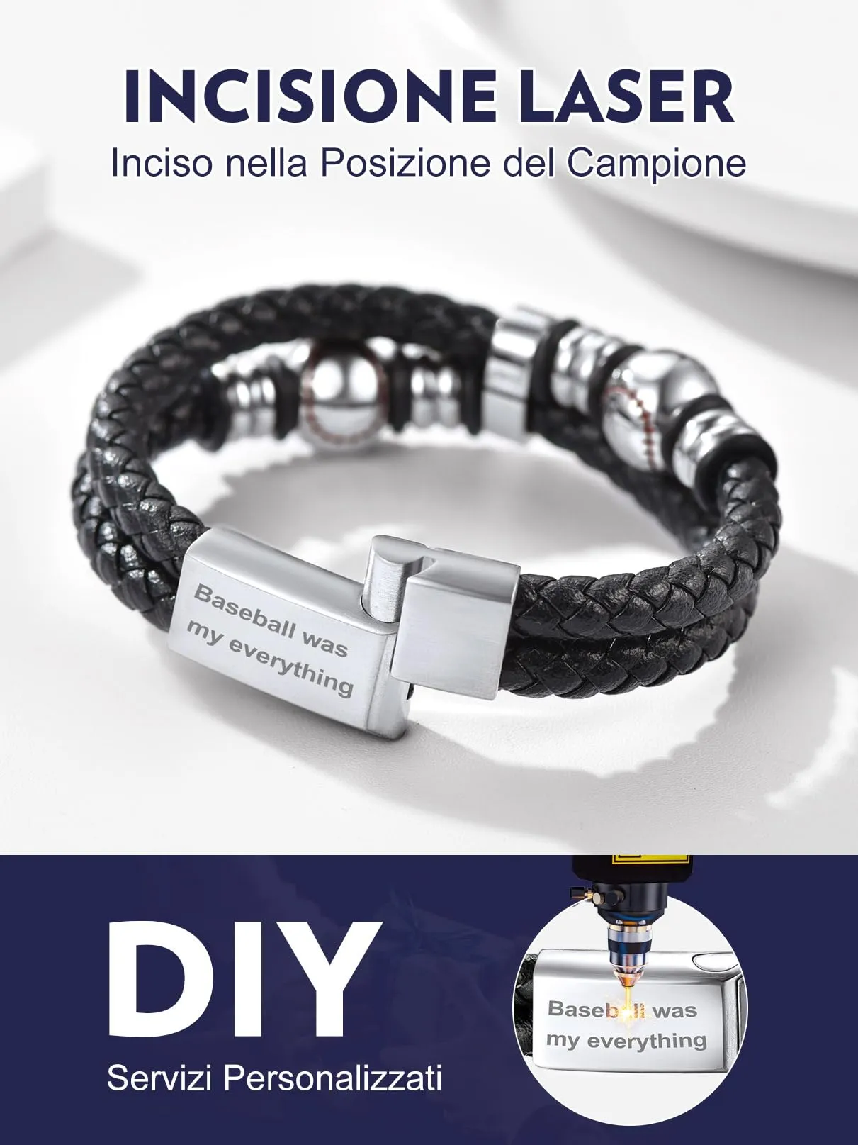 Bandmax Bracciale Personalizzato in Pelle con Baseball Argento, 19 cm - immagine 3