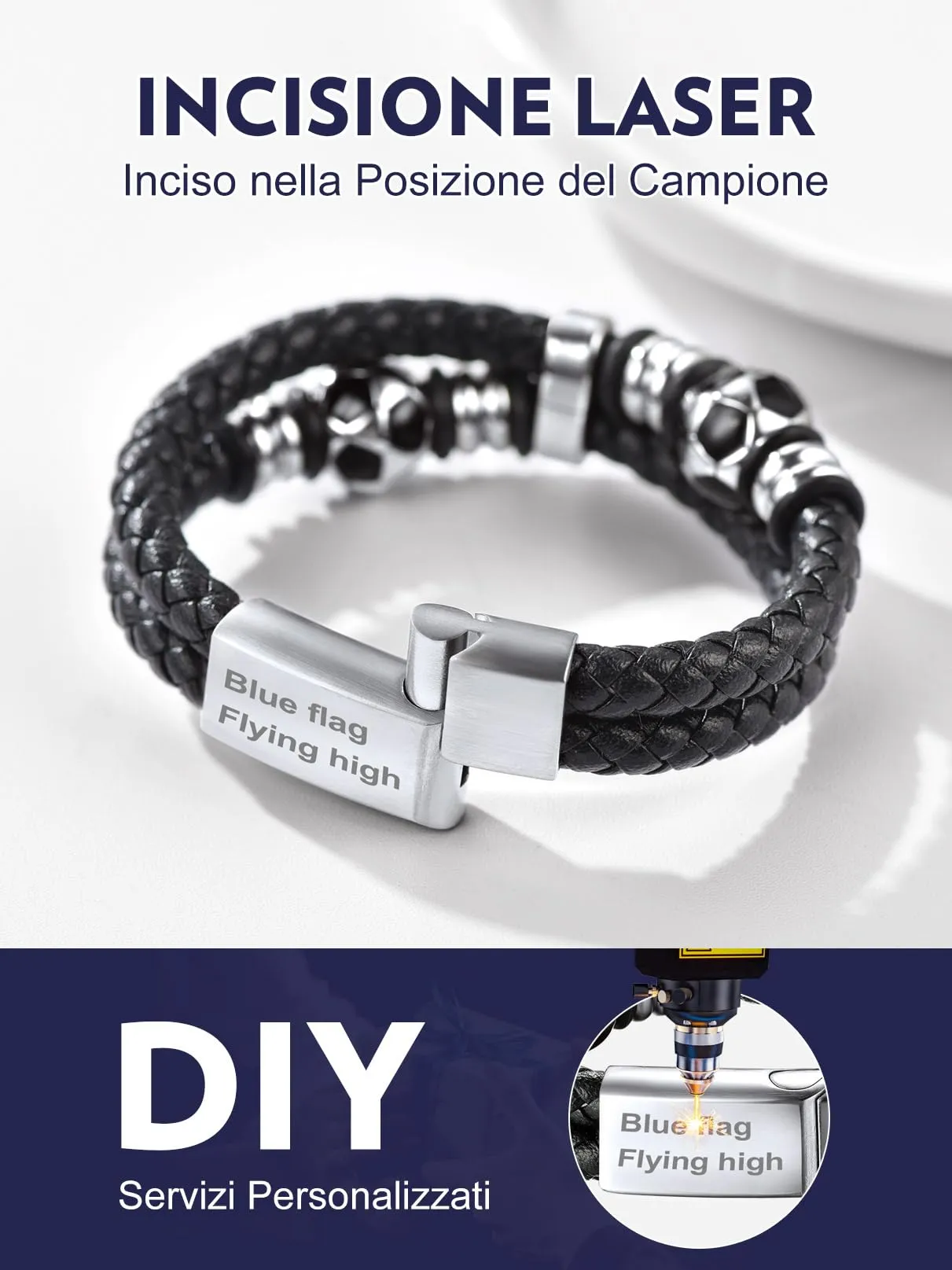 Bandmax Bracciale Personalizzato in Pelle con Calcio, 21 cm, Cuoio con Incisione per Uomo - immagine 3