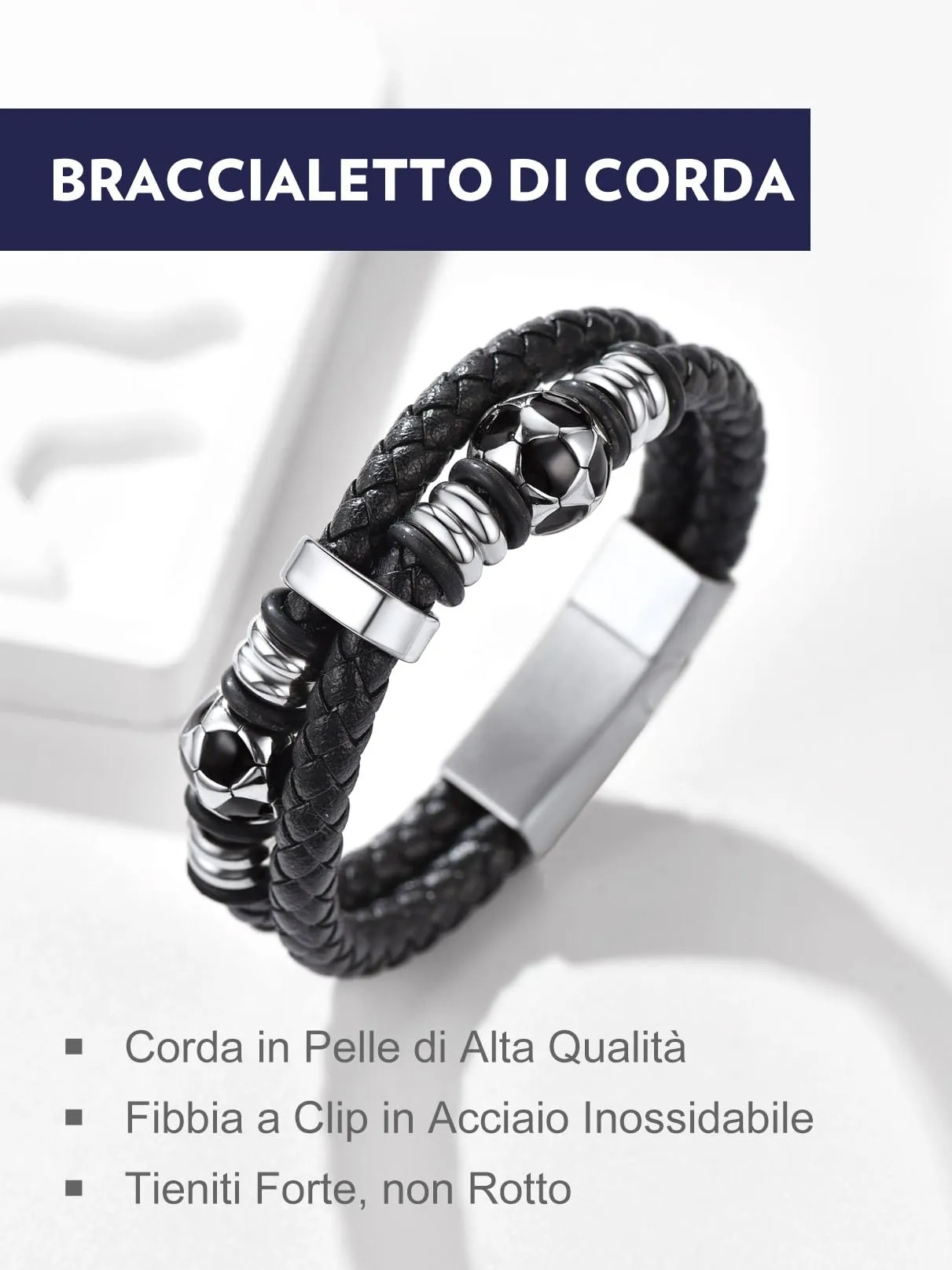 Bandmax Bracciale Personalizzato in Pelle con Calcio, 21 cm, Cuoio con Incisione per Uomo - immagine 4