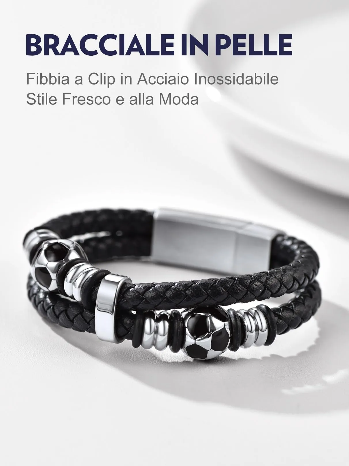 Bandmax Bracciale Personalizzato in Pelle con Calcio, 21 cm, Cuoio con Incisione per Uomo - immagine 7