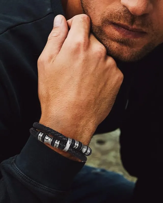 Bandmax Bracciale in Pelle e Acciaio per Uomo, 21 cm, Argento - immagine 2