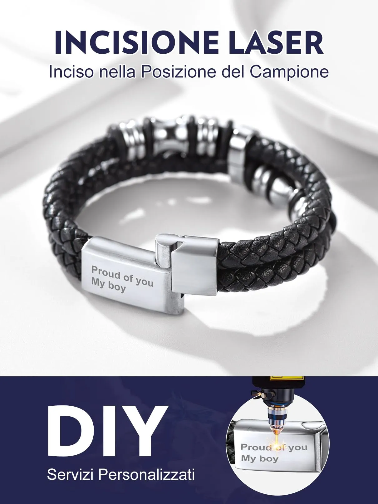 Bandmax Bracciale in Pelle e Acciaio per Uomo, 21 cm, Argento - immagine 3