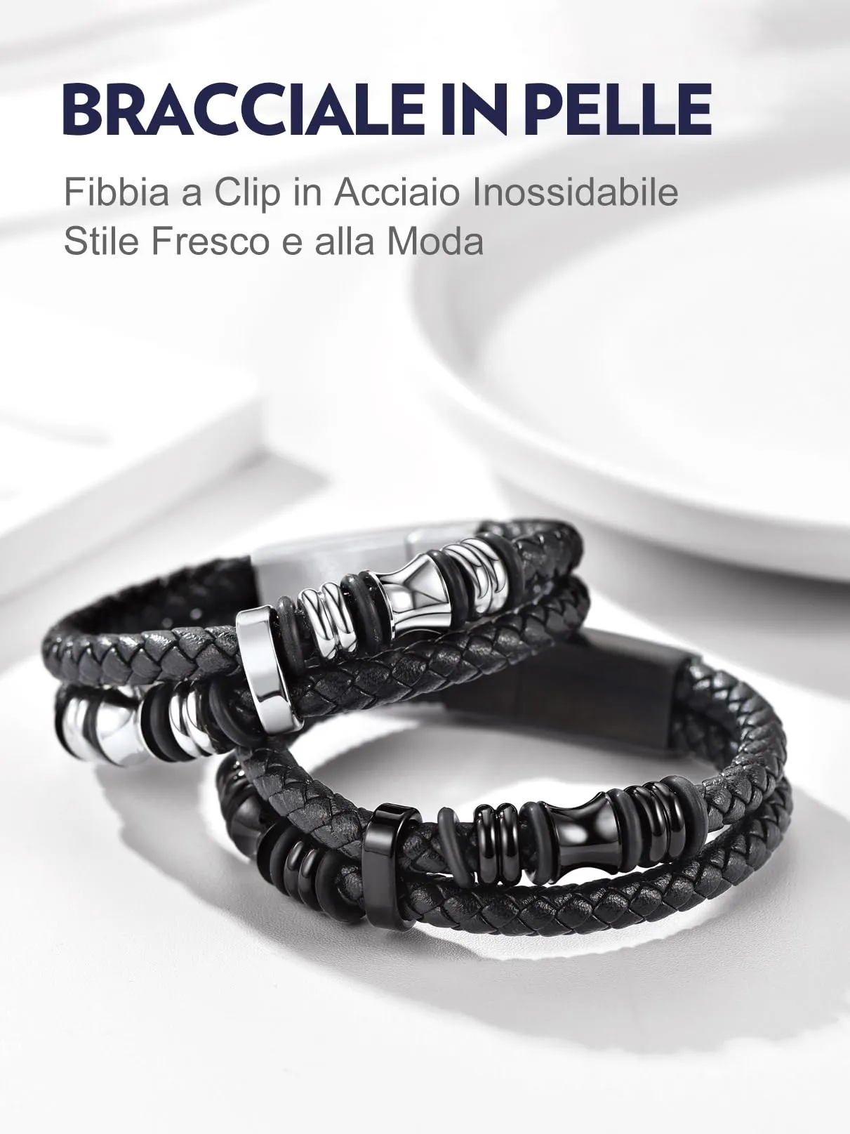 Bandmax Bracciale in Pelle e Acciaio per Uomo, 21 cm, Argento - immagine 7