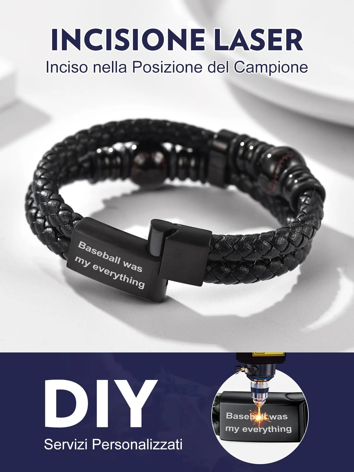 Bandmax Bracciale Personalizzato in Pelle con Baseball, Nero, 21 cm - immagine 3