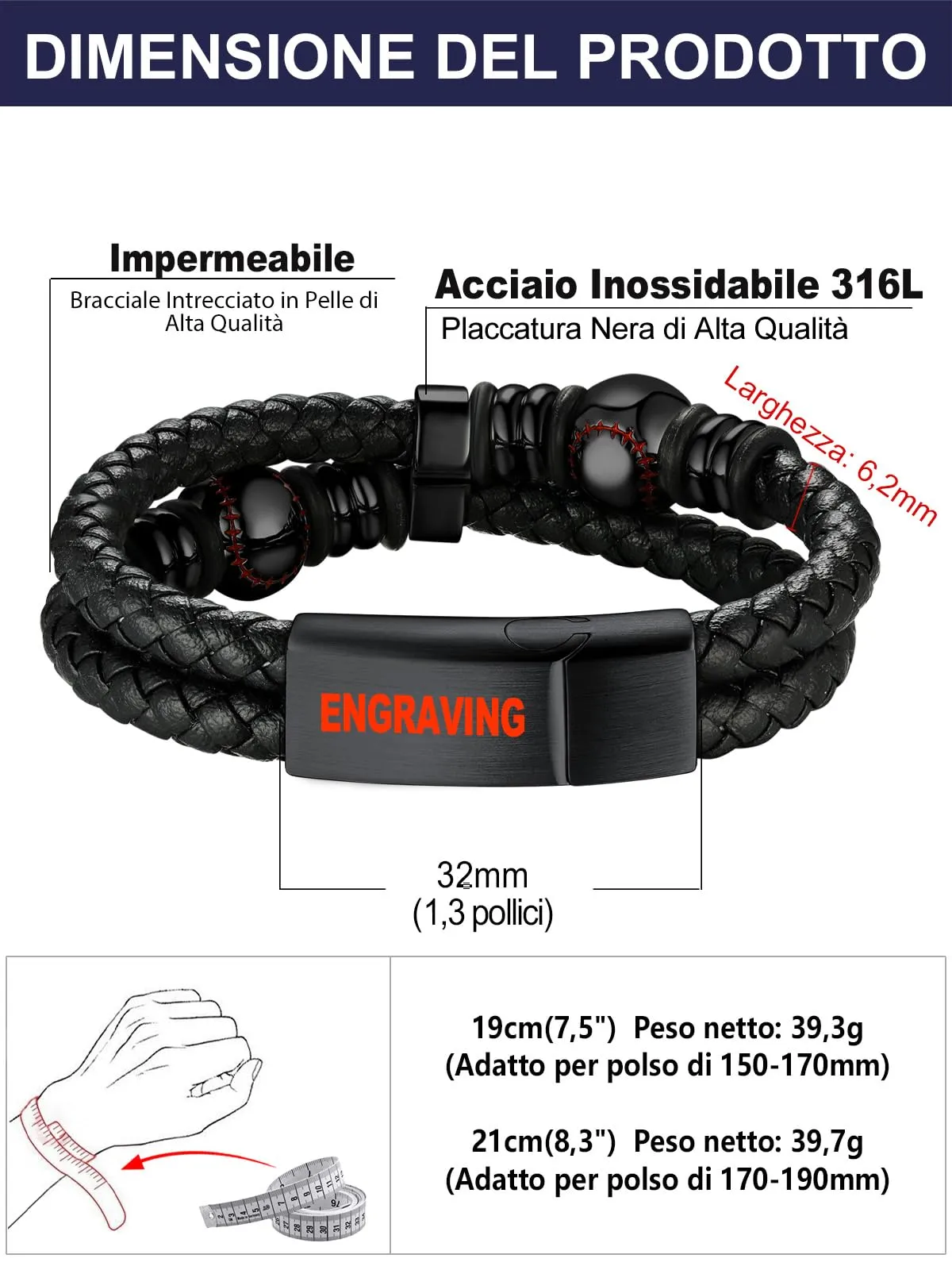 Bandmax Bracciale Personalizzato in Pelle con Baseball, Nero, 21 cm - immagine 6