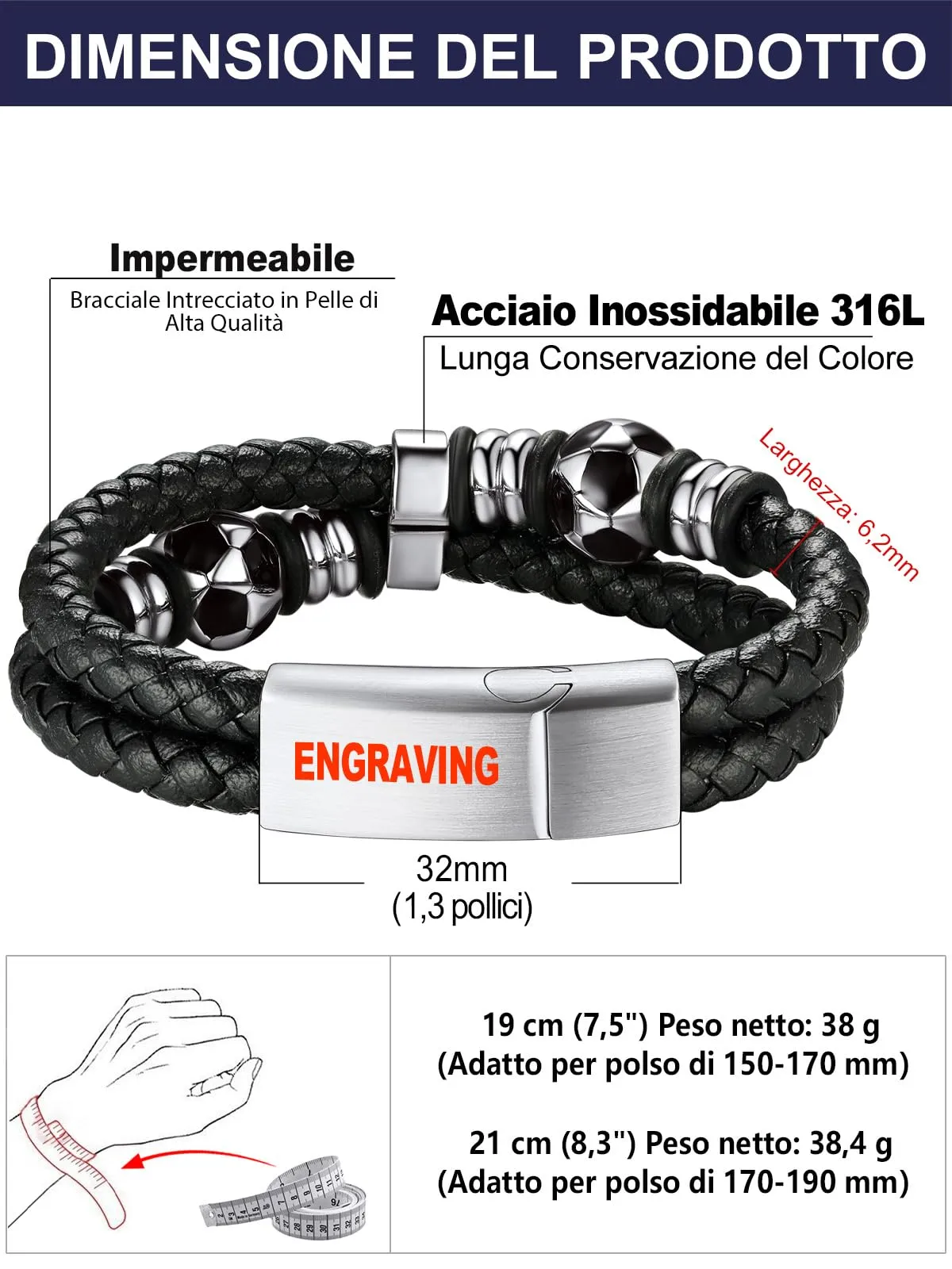 Bandmax Bracciale Personalizzato in Pelle con Calcio, 19 cm, Cuoio con Incisione per Uomo - immagine 6