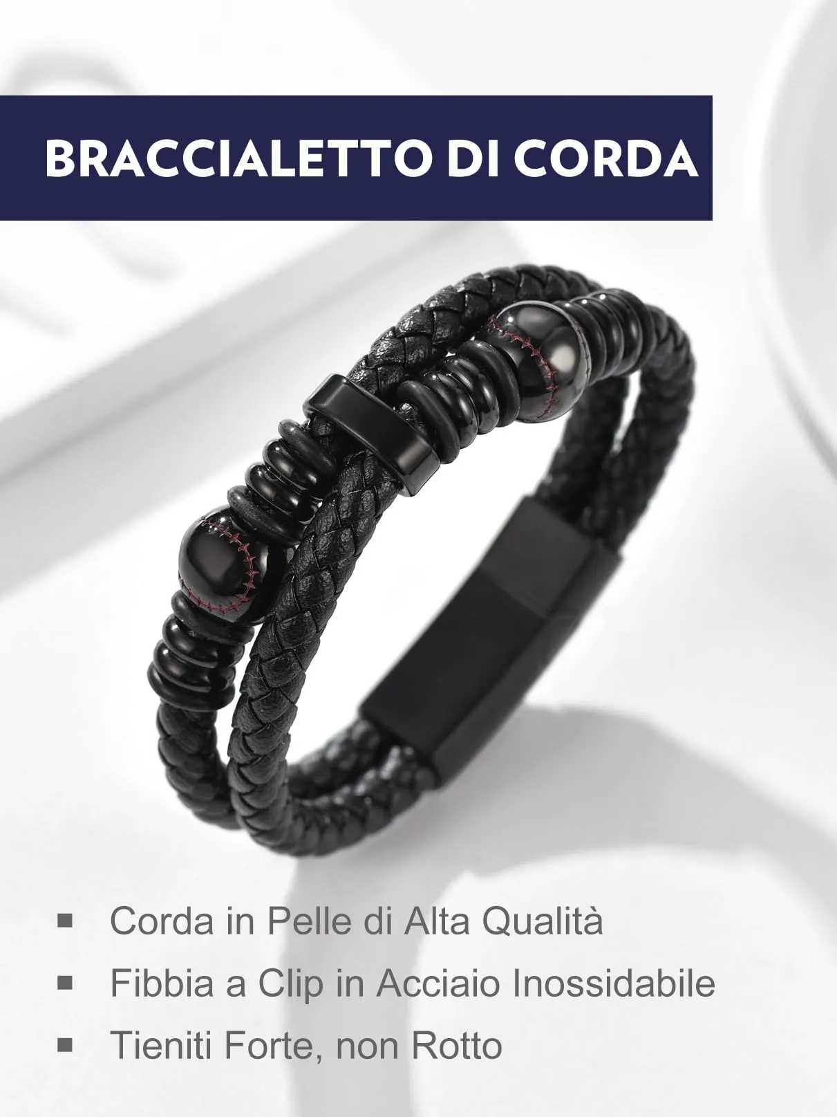 Bandmax Bracciale Personalizzato in Pelle con Baseball Nero, 19 cm - immagine 4