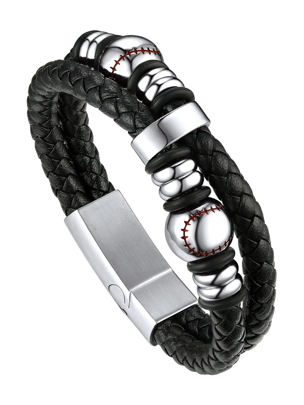 Bandmax Bracciale in Pelle Uomo con Baseball Argento, 19 cm - immagine 1
