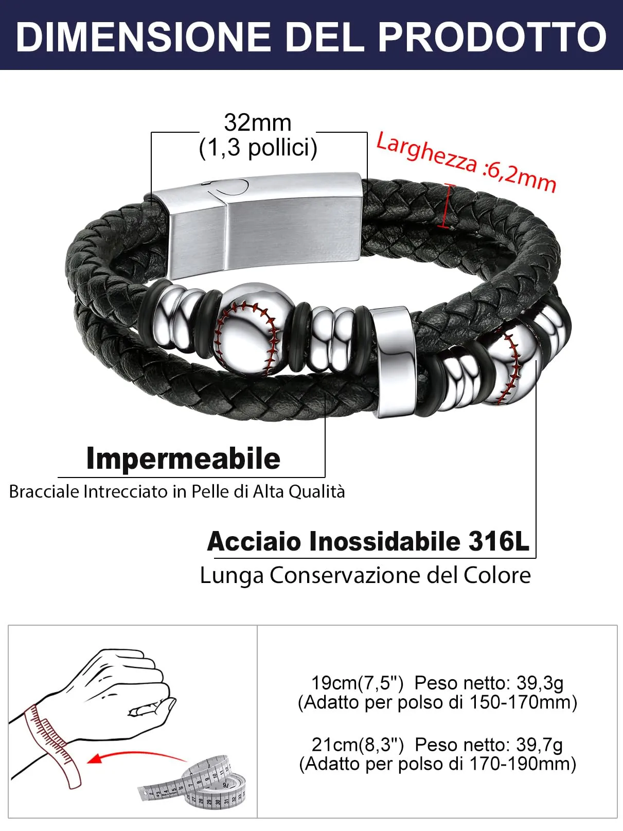 Bandmax Bracciale in Pelle Uomo con Baseball Argento, 19 cm - immagine 5