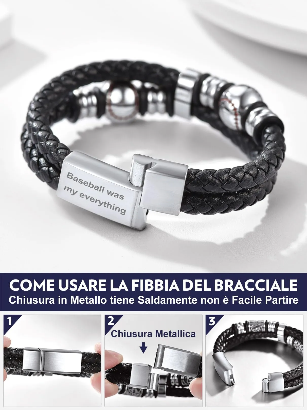 Bandmax Bracciale in Pelle Uomo con Baseball Argento, 19 cm - immagine 6