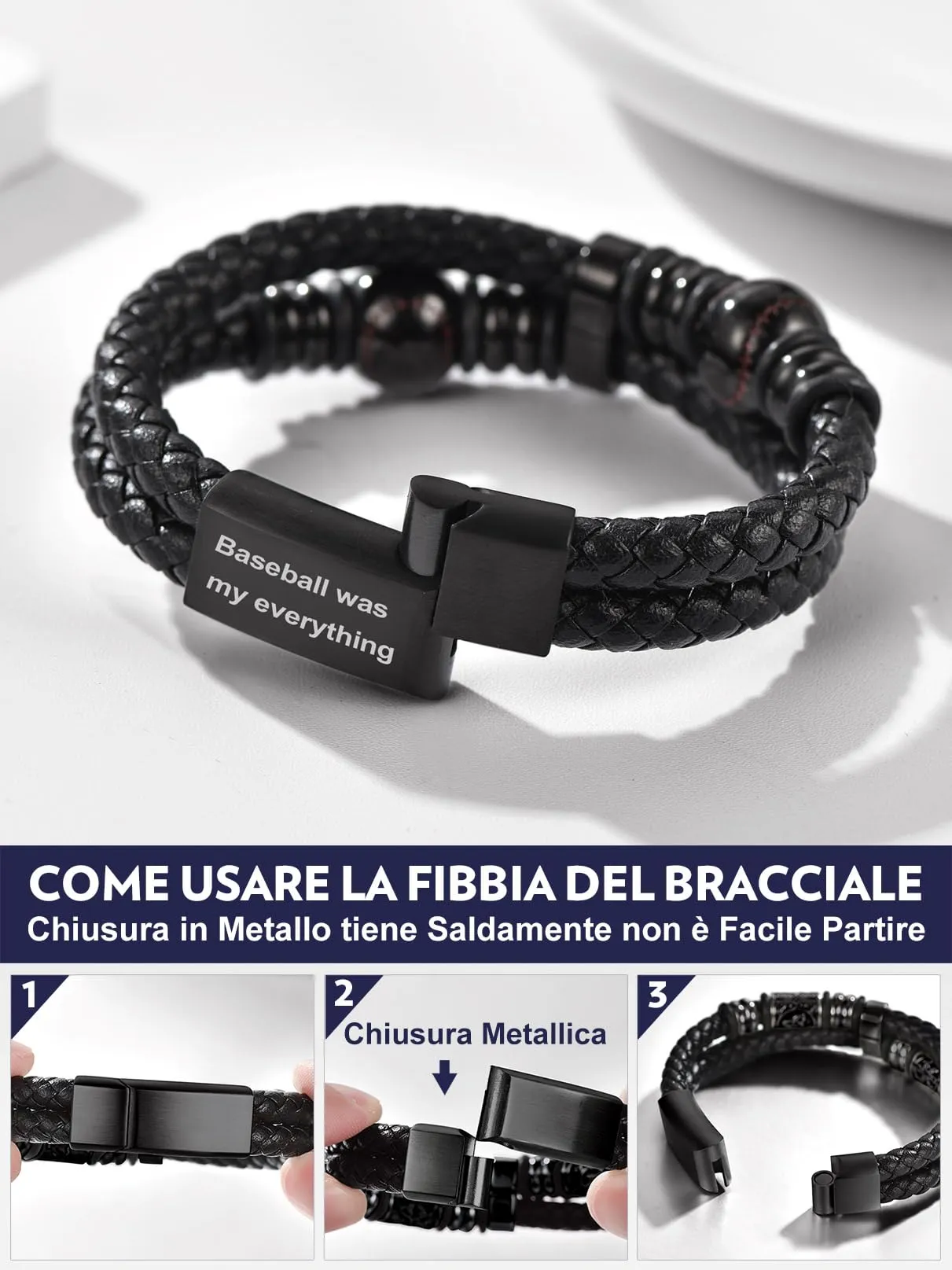 Bandmax Bracciale in Pelle da Uomo con Elementi Baseball, Nero, 21 cm - immagine 6
